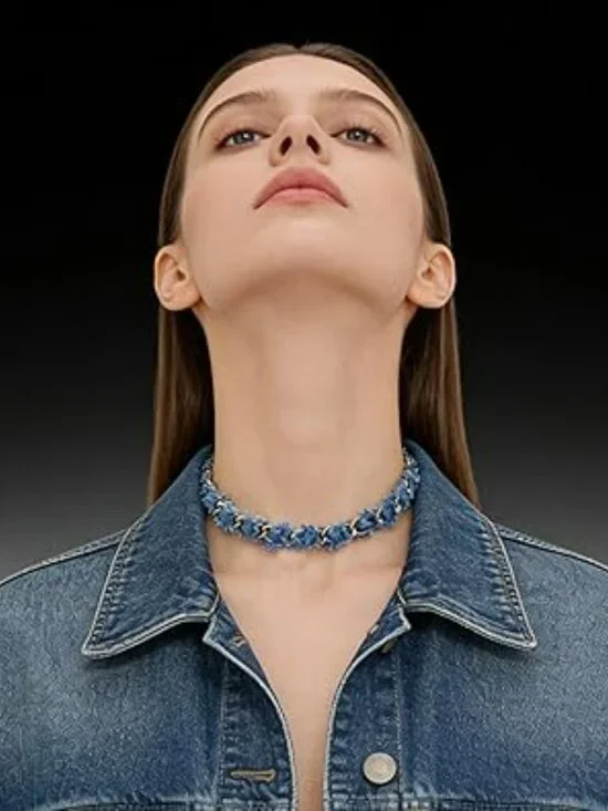 NEW Boho Denim Punk Blue Jean Denim Chain Choker Necklace Trendy Fashion - Picture 2 of 3